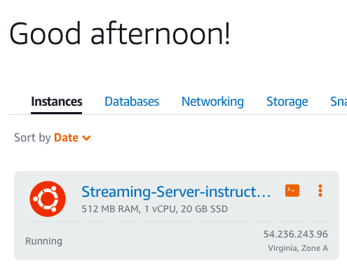 Screen shot of the lightsail GUI showing the new running server.