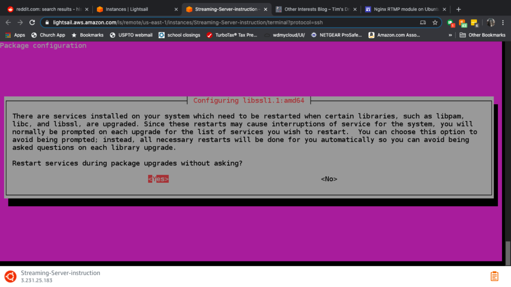 Screen shot of a menu that appears when using the command : sudo apt-get install libnginx-mod-rtmp -y